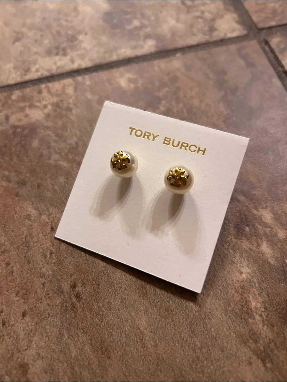 Tory Burch Cream Pearl Stud Earrings with Gold Logo